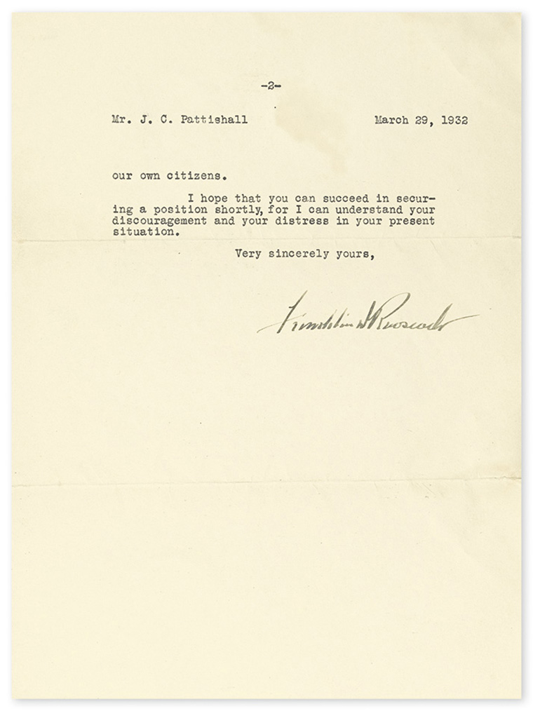 ROOSEVELT, FRANKLIN D. Typed Letter Signed, as Governor, to J.C. Pattishall,
